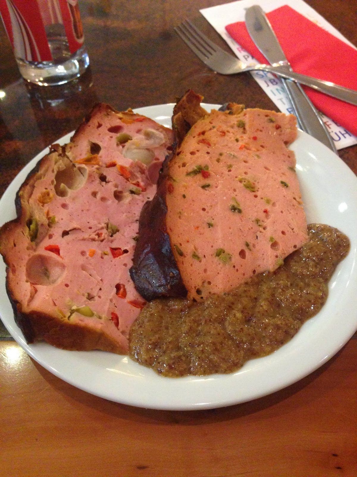 Two kinds of Leberkäse with mustard